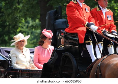 Trooping The Color, London, England - June 17, 2017: Prince Harry, Kate Middleton And Camilla Parker Bowles Trooping The Color 2017 For The Queen Elizabeth Official Birthday, London, UK. Stock Photo, 