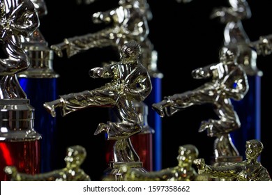 Trophy Figures Gold and Silver Male and Female Martial Arts Athletes High Kicks Kicking Taekwondo Karate