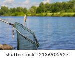Trophy fishing. Small fish on fishing line, an old, used fish landing net, sunny landscape with water. Concepts fortune, success, active rest, irony, countryside relaks,