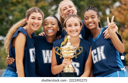 Trophy, sports and winner women team celebration portrait for international netball competition or game event with support, teamwork and achievement. Excited athlete girl group winning a prize goal - Powered by Shutterstock