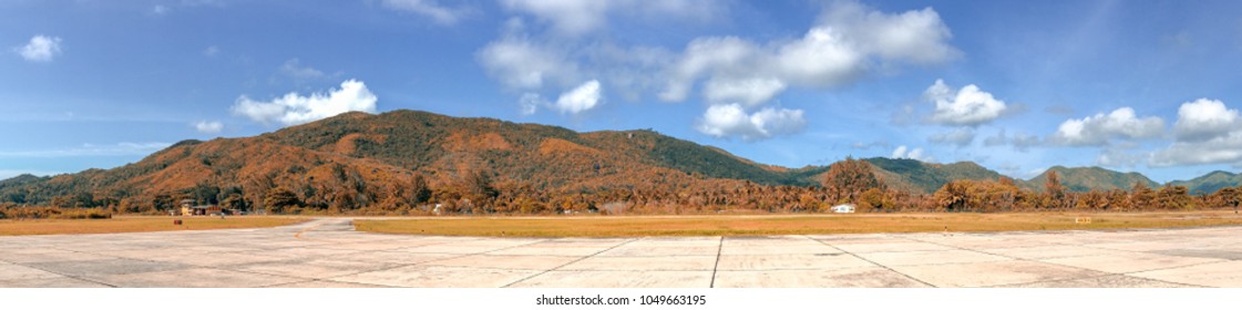 Tropical Airport Runway, Panoramic View.