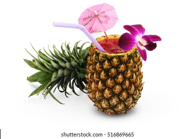 Tropical Alcoholic Cocktail In Pineapple Isolated