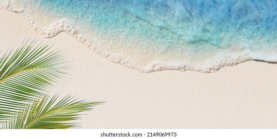 Tropical beach background with sea waves, white sand and foam - summer holiday panoramic top view background. Travel and beach vacation, copy space for text. - Powered by Shutterstock