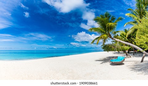 Tropical beach background as summer relax landscape with beach swing or hammock and white sand and calm sea for beach template. Amazing beach scene vacation and summer holiday concept. Luxury travel