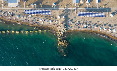 Tropical Beach With Colorful Umbrellas. The View From The Top Down. Sochi