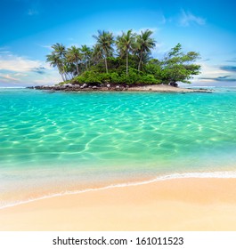 Tropical Beach Lagoon With Palm Trees. Thailand Tourism Panorama Of Island And Ocean Horizon 