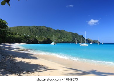 Tropical Beach On Bequia Island, St. Vincent In The Caribbean