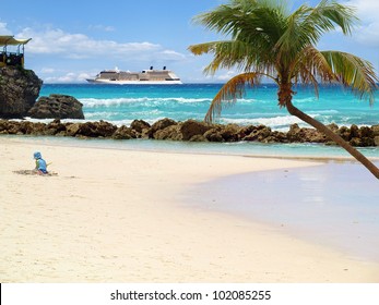 Tropical beach with palm tree and cruise ship in distance - Powered by Shutterstock