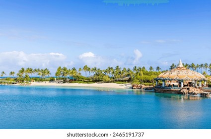 Tropical beach with palm tree, gazebo and umbrella a sunny day - Powered by Shutterstock