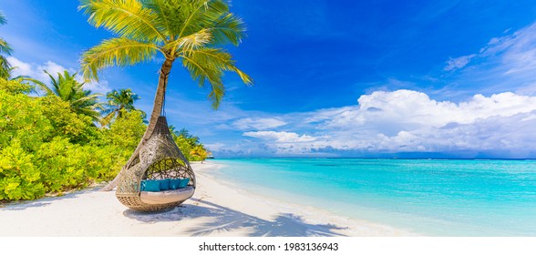 Tropical Beach Paradise As Summer Landscape, Beach Swing Hammock And White Sand, Calm Sea Serene Beach. Luxury Beach Resort Hotel Vacation Holiday. Exotic Tranquil Island Nature Travel Destination