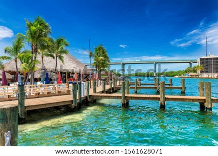 Tropical beach and pier on sunny beach in Key Largo, Florida keys islands. 