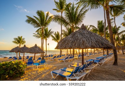 Tropical beach resort at sunrise in Punta Cana, Dominican Republic. - Shutterstock ID 559201222