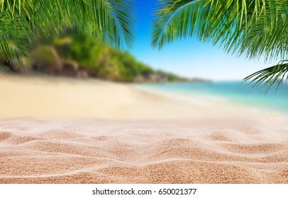Tropical Beach With Sand, Summer Holiday Background. Travel And Beach Vacation, Free Space For Text Or Product Placement.