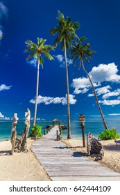 Tropical Beach Scene With Coconut Palm Trees And Jetty, South Pacific Islands, Samoa