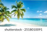 Tropical beach scene featuring palm trees and clear blue water, perfect for a serene background or wallpaper.