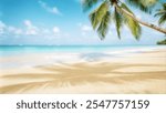 Tropical beach scene featuring palm trees, turquoise waters, and a bright blue sky, ideal for a summer getaway.