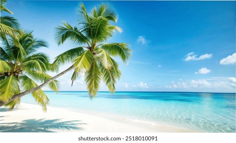 Tropical beach scene featuring palm trees and clear blue water, perfect for a serene background or wallpaper. - Powered by Shutterstock