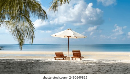 Tropical beach scene with two lounge chairs under an umbrella, overlooking a serene ocean and blue sky. - Powered by Shutterstock