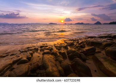 Tropical Beach At Sunset. Krabi, Thailand. 