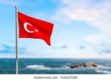 Tropical Beach With Turkey Flag. The Concept Of A Paradise Vacation On The Beaches Of Turkey.