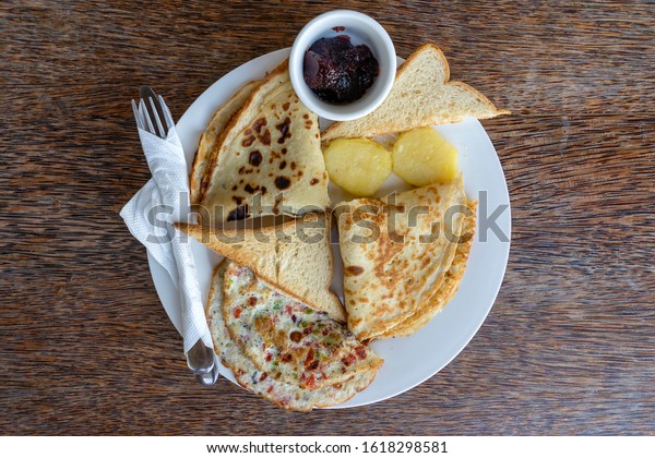 Tropical Breakfast Scrambled Eggs Wrapped Banana Stock Photo Edit Now