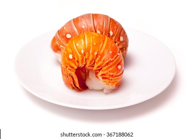 Tropical Caribbean ( Bahamas )  lobster (Panuliirus argus) or spiny lobster tails isolated on a white studio background.