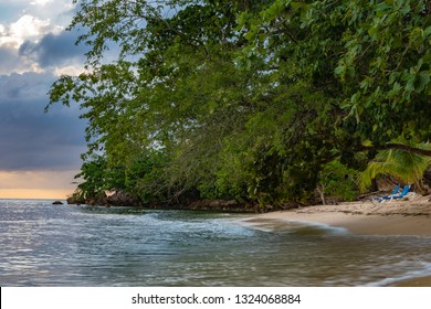 Tropical Caribbean island summer beach and trees sunset. Clear turquoise blue ocean water and white sand setting. Serene idyllic vacation scene in Negril, Jamaica. Relaxing landscape and sea view.