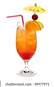 Tropical Cocktail In Glass Isolated On White Background With Umbrella