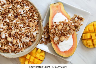 Tropical Coconut Macadamia Nut Granola With Fresh Fruits