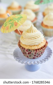 tropical cupcake with vanilla icing and paper umbrella