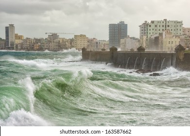 Tropical cyclone in Havana with huge waves hitting the sea wall