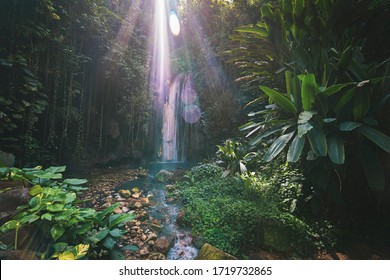 Tropical Diamond Waterfall On Caribbean Island With Sunlight, St. Lucia