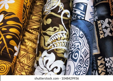 Tropical Fabric Rolls On Display In Rarotonga Market Cook Islands.Traditional Fabric Patterns Worn By Polynesians And Other South Pacific Islanders And Oceanic People.