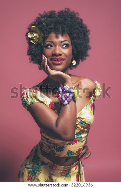 Tropical Fashion Afro American Pinup Against Stock Photo Edit Now