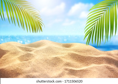 Tropical fine sandy beach with blured sea background and empty space for product advertisement  Montage of summer relaxation background