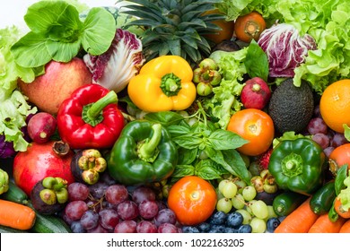 Tropical fresh fruits and vegetables organic for healthy lifestyle, Arrangement different vegetables organic for eating healthy and dieting