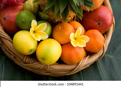   Tropical Fruit Basket  And Tropical Flowers