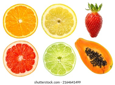 Tropical fruit lemon orange lime papaya strawberry slice isolated on transparent background PNG - Shutterstock ID 2164641499
