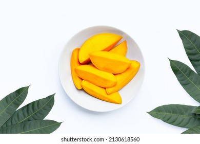 Tropical Fruit, Mango In White Plate On White Background. Top View