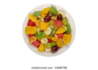 Tropical Fruit Salad On White Plate On White Background Photographed From Above (Isolated)