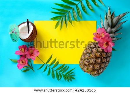 Tropical fruits background with pineapple, beach wedding invitation card or summer banner