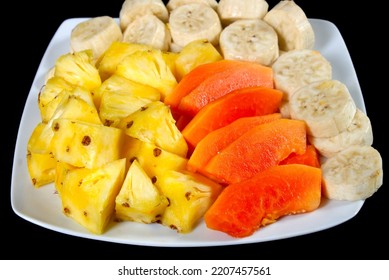 Tropical Fruits On The Plate Cut Into Cubes, Fresh Exotic Fruit Plate. Fruits Of Sri Lanka.