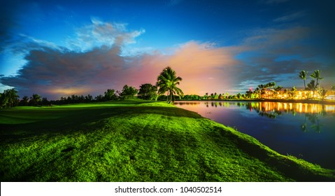 Tropical Golf Course At Sunset, Dominican Republic, Punta Cana