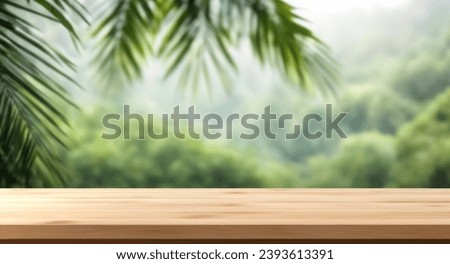 Tropical green background with empty table top in front. Exotic summer panoramic banner with copy space. Wooden bar counter in focus, blurred travel backdrop. Shelf for advertising product