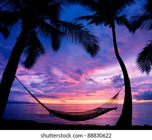 Tropical Hammock In Paradise At Sunset