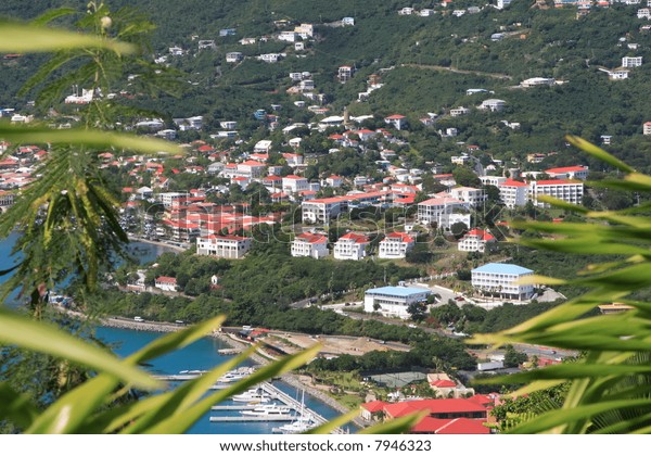 Tropical houses on hill overlooking harbor. St\
John US Virgin Islands