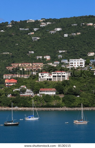 Tropical houses on hill overlooking harbor. St\
Thomas US Virgin\
Islands