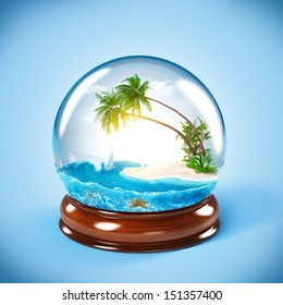 Tropical Island In The Glass Globe. Traveling, Vacation