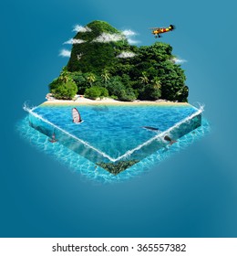 Tropical island with mountains and sea. isometric view.