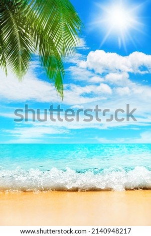 Tropical island paradise beach nature, blue sea wave, ocean water, green coconut palm tree leaves, yellow sand, sun, sky, white clouds, beautiful caribbean landscape, summer holidays, vacation, travel
